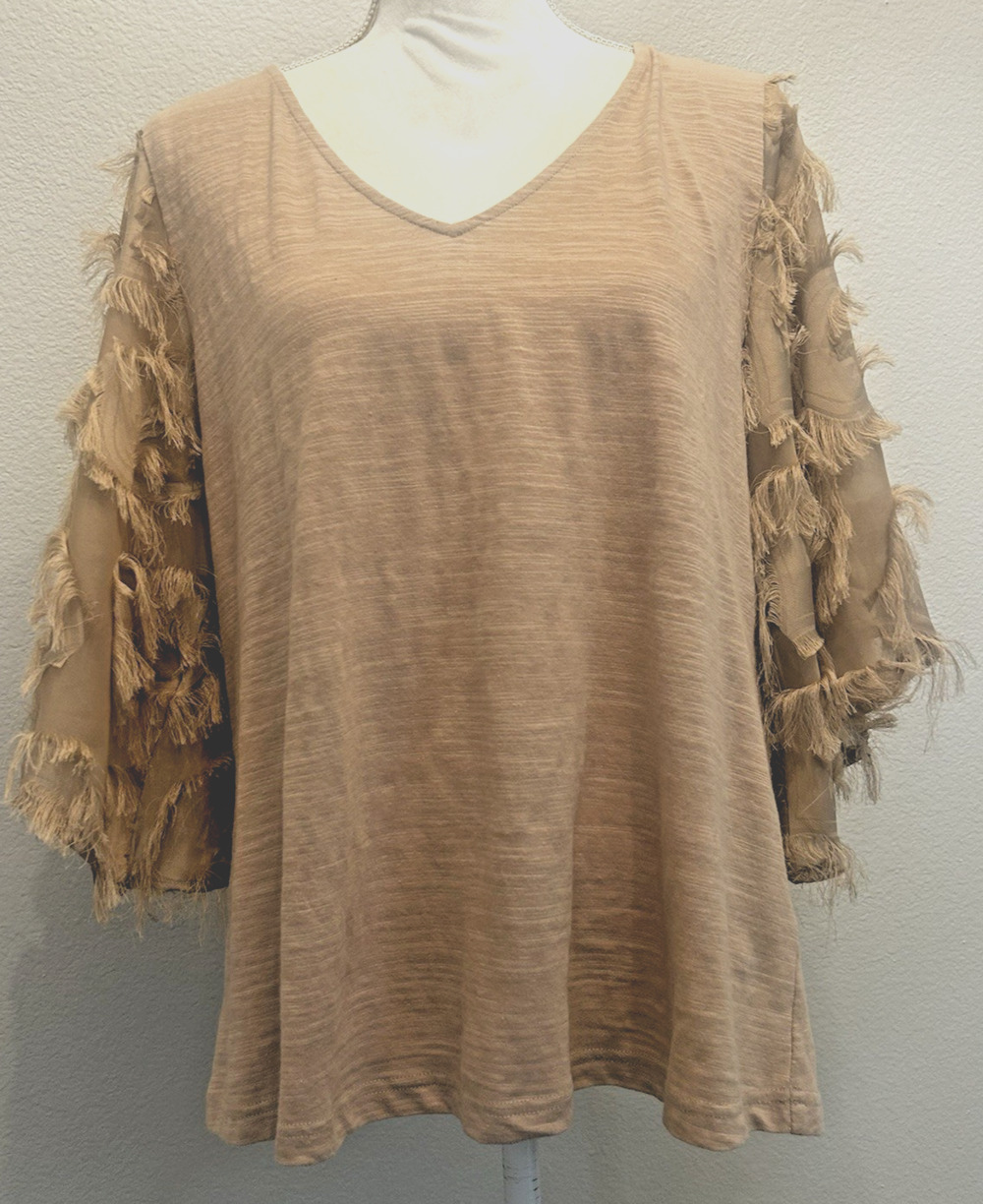 Andthewhy Boho Fringe Bell Sleeve Top Women's Small Tan Fairycore Peasant Blouse